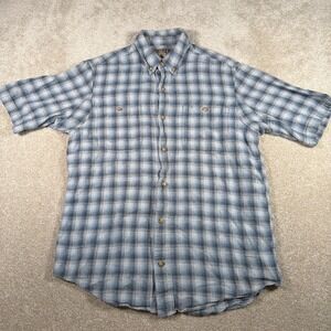 Duluth Trading Short Sleeve Button Up Shirt Mens Medium Hemp Cotton Blend Blue